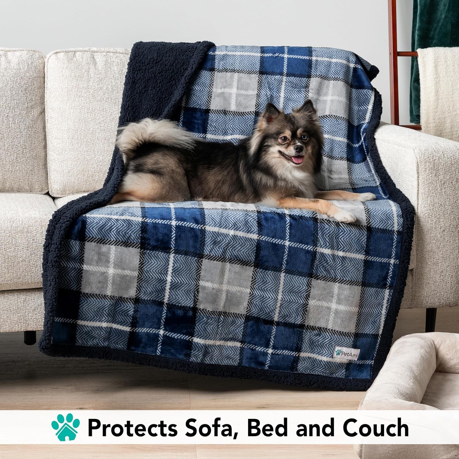 Dog Blanket for Bed, XL Pet Blanket Large Dogs, Fleece Furniture Couch Cover Protector Sofa Car Crate Kennel, Soft Sherpa Cat Throw Plush Reversible Washable, Twin 60X80 Plaid Navy Blue