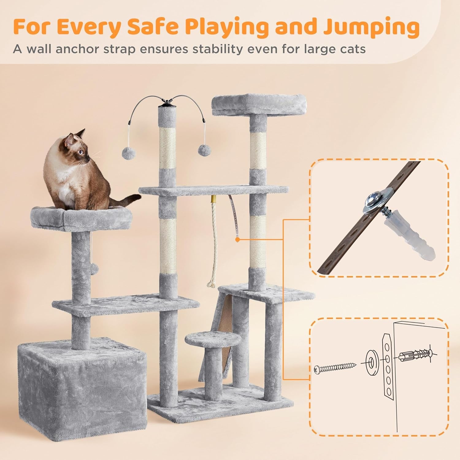 Cat Tree, 53.5 Inch Pet Play House with Sisal Scratching Posts, Condo, Perches, Wide Platform for Indoor Kittens/Adult Cats, Light Gray