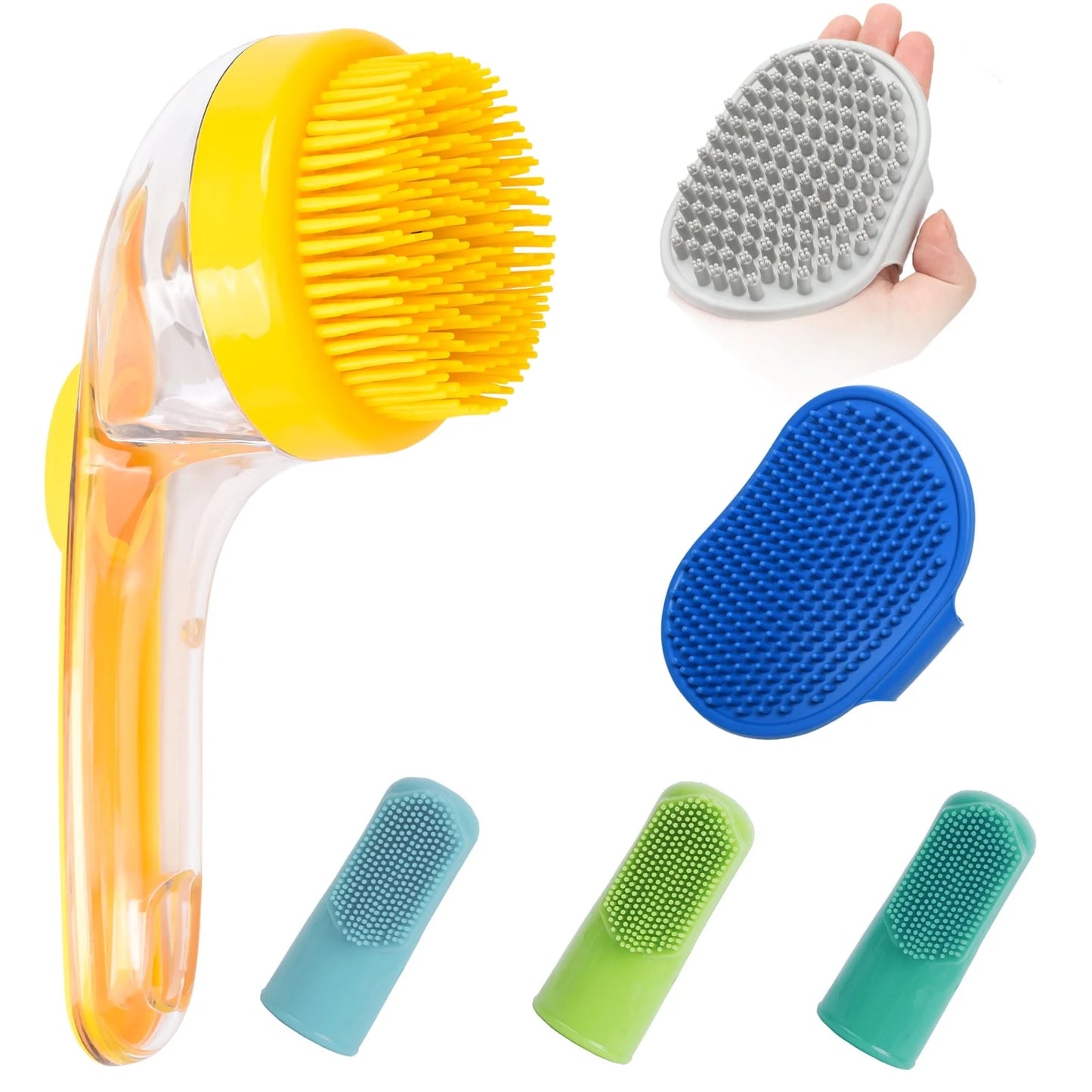 Pet Grooming Bath Massage Brush with Soap and Shampoo Dispenser Soft Silicone Bristle for Long Short Haired Dogs Cats Shower